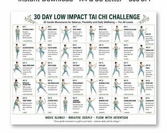 30 Day Low Impact Tai Chi Challenge Printable, Daily Tai Chi Routine for All Levels, Gentle Movement Chart PDF, Tai Chi Workout Poster