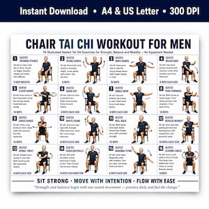Pode incluir: Um cartaz digital intitulado Chair Tai Chi Workout for Men com 16 ilustrações numeradas de uma pessoa realizando exercícios sentada. O gráfico inclui texto instrutivo para cada movimento focado em força, equilíbrio e mobilidade.