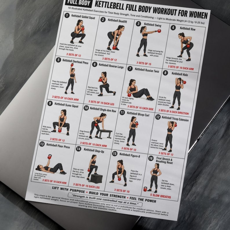 Puede incluir: Un p&oacute;ster instructivo blanco titulado FULL BODY KETTLEBELL FULL BODY WORKOUT FOR WOMEN que presenta 16 ilustraciones numeradas de ejercicios con pesas rusas rojas, texto descriptivo y conteo de series para fuerza y tono.