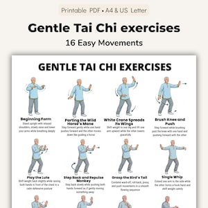 May include: A printable PDF titled "Gentle Tai Chi Exercises" with 16 easy movements. The image shows illustrated steps of Tai Chi poses, including Beginning Form, Parting the Wild Horse's Mane, and White Crane Spreads Its Wings.