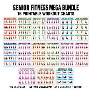 May include: A digital collection titled Senior Fitness Mega Bundle featuring 15 printable workout charts with 180 exercises. Each chart displays illustrated figures performing movements for chair, standing, balance, yoga, tai chi, and mobility routines.