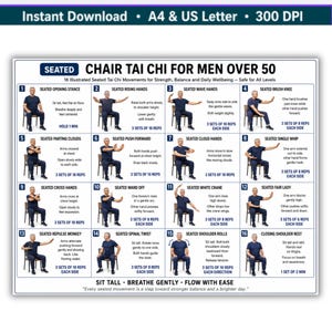 Könnte beinhalten: Ein digitales Lehrplakat mit dem Titel CHAIR TAI CHI FOR MEN OVER 50, das 16 nummerierte Illustrationen einer Person zeigt, die sitzende Bewegungen auf einem Stuhl ausführt. Die Tabelle enthält Textbeschreibungen für jede Übung, wie SEATED OPENING STANCE und SEATED SHOULDER ROLLS, mit Anweisungen für Wiederholungen und Atemtechniken.