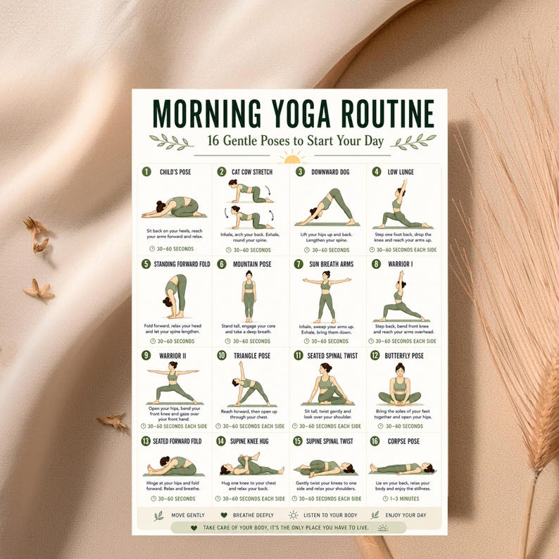 May include: A poster titled "Morning Yoga Routine" detailing 16 gentle yoga poses with illustrations. Poses include Child's Pose, Cat Cow Stretch, and Downward Dog, with timings. The poster is designed to help start the day with yoga.
