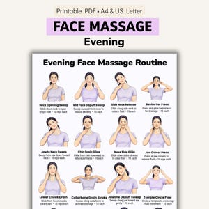 Evening Face Massage Routine Printable PDF | Night Skincare Self-Care Chart — Neck, Jaw & Temple Relaxing Facial Massage Steps for Beginners