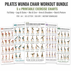 Op de afbeelding: Een Pilates Wunda Chair workout bundel met vijf printbare oefenschema's voor het hele lichaam, benen, buikspieren, armen en rug. De schema's bevatten illustraties en tekst in PDF-formaat voor A4 en US Letter.