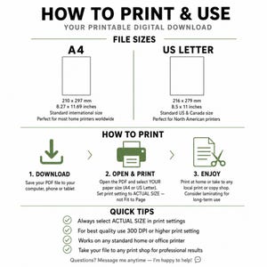 Puede incluir: Un gr&aacute;fico de instrucciones titulado HOW TO PRINT & USE YOUR PRINTABLE DIGITAL DOWNLOAD. Detalla tama&ntilde;os de archivo para A4 de 210 x 297 mm y US Letter de 216 x 279 mm. Incluye una gu&iacute;a de tres pasos para descargar e imprimir los archivos.