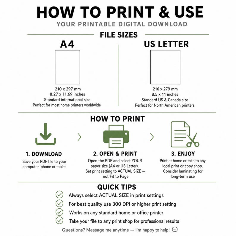 Puede incluir: Un gr&aacute;fico de instrucciones titulado HOW TO PRINT & USE YOUR PRINTABLE DIGITAL DOWNLOAD. Detalla tama&ntilde;os de archivo para A4 de 210 x 297 mm y US Letter de 216 x 279 mm. Incluye una gu&iacute;a de tres pasos para descargar e imprimir los archivos.