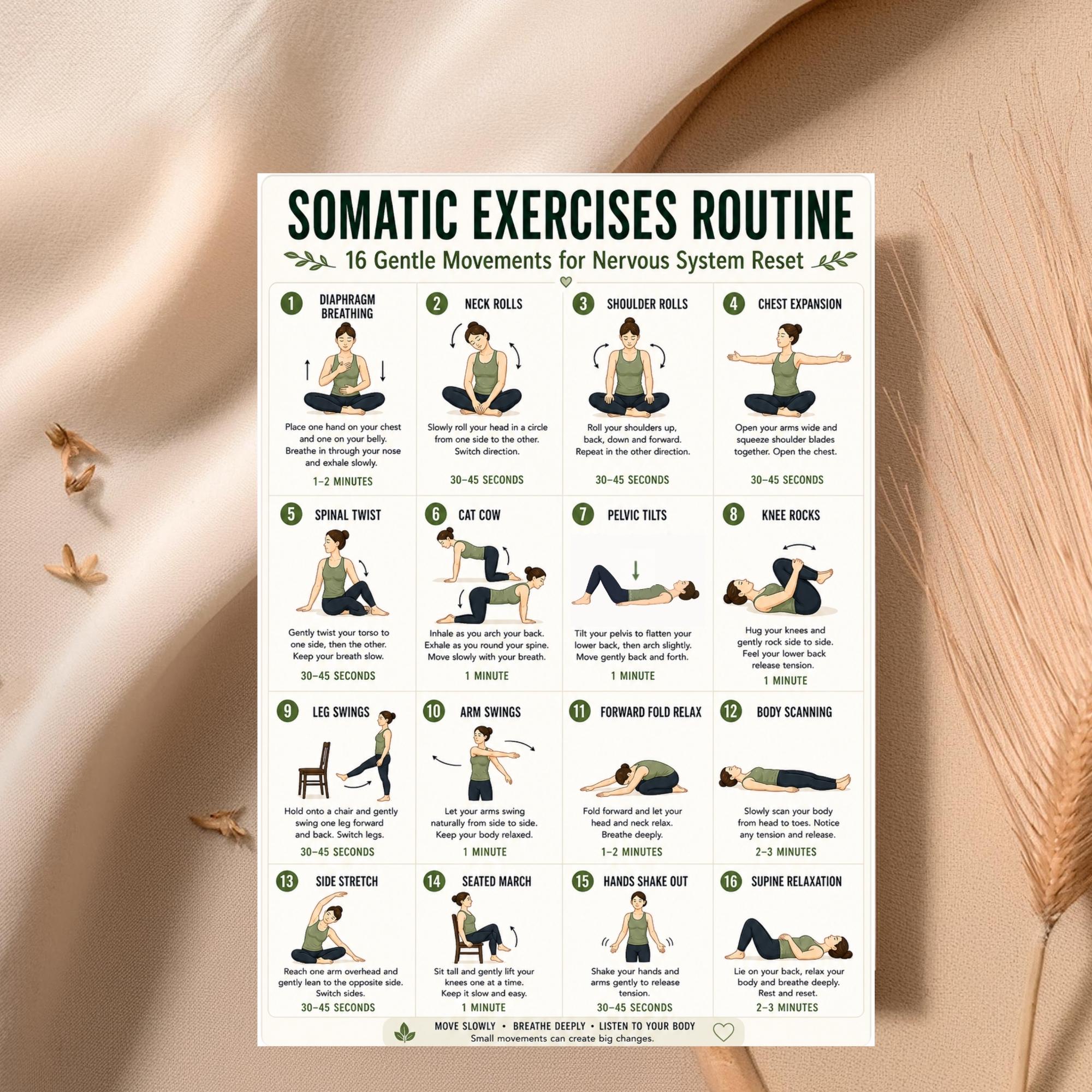 Relaxation Exercise Chart Somatic Exercises Printable Chart, 16 Gentle Movements for Relaxation ...