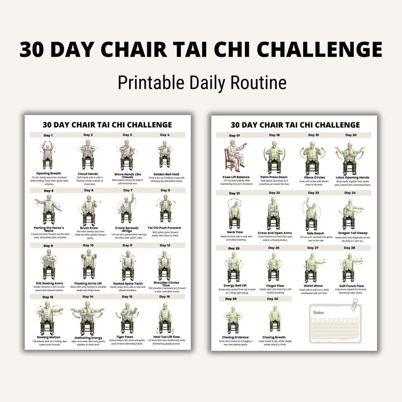 30 Day Chair Tai Chi Challenge Printable Chart, Seated Tai Chi ...