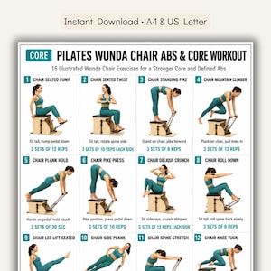 Puede incluir: Una tabla de ejercicios digital titulada Pilates Wunda Chair Abs & Core Workout, que presenta 16 ejercicios ilustrados con instrucciones. El documento incluye pasos numerados, nombres de ejercicios y repeticiones para silla Wunda, disponible en tamaño A4.