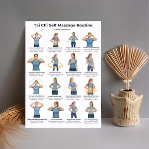 Tai Chi self massage routine printable showing energy flow exercises and gentle movement chart for daily practice