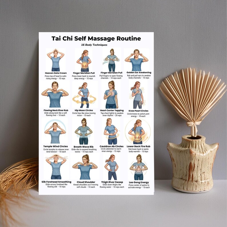 Tai Chi self massage routine printable showing energy flow exercises and gentle movement chart for daily practice