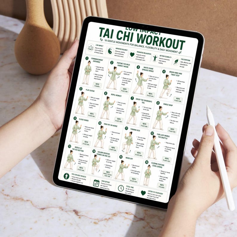 May include: A tablet displaying a Tai Chi workout guide with 16 gentle movements for balance, flexibility, and daily movement. The screen shows illustrations of each exercise with accompanying text. A white stylus is held in the right hand.