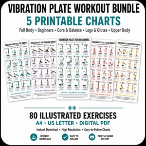 Könnte beinhalten: Ein Vibrationsplatten-Trainingspaket mit 5 druckbaren Diagrammen und 80 illustrierten Übungen. Das digitale PDF-Set enthält A4- und US-Letter-Formate für Ganzkörper-, Anfänger-, Rumpf-, Balance-, Bein-, Gesäß- und Oberkörper-Trainingsroutinen.
