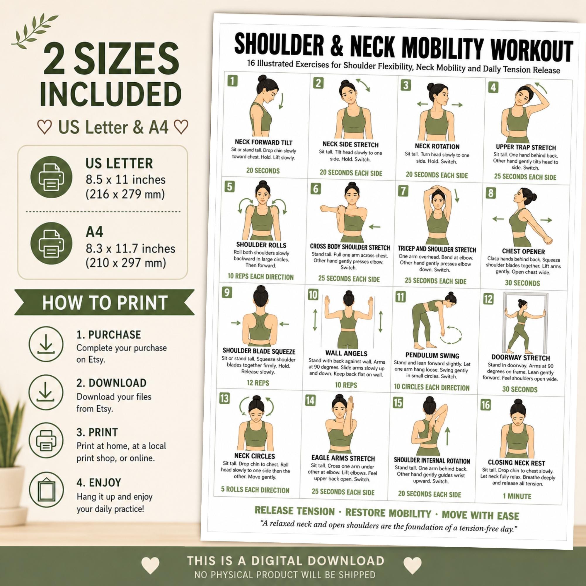 Shoulder and Neck Mobility Workout Printable Chart, 16 Illustrated ...