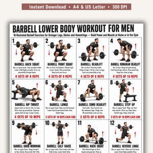 Pode incluir: Um cartaz instrutivo branco intitulado BARBELL LOWER BODY WORKOUT FOR MEN com 12 ilustrações numeradas de exercícios com barra. Cada seção inclui o nome do exercício, texto descritivo e contagens de séries e repetições em texto vermelho.