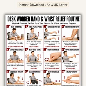 May include: A printable guide titled "Desk Worker Hand & Wrist Relief Routine" with 16 exercises. The exercises are illustrated with images and instructions for desk workers to relieve hand and wrist pain. The guide is available for instant download.