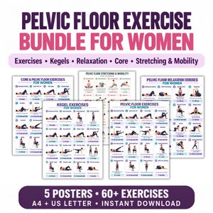 Puede incluir: Un paquete digital de cinco pósteres instructivos con más de 60 ejercicios para el suelo pélvico, kegels, relajación, core, estiramientos y movilidad. Los pósteres incluyen etiquetas de texto, pasos numerados e ilustraciones de los ejercicios.