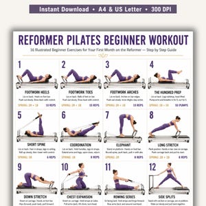 May include: A digital poster titled REFORMER PILATES BEGINNER WORKOUT featuring 12 numbered illustrations of a person in purple athletic wear performing exercises on a Pilates reformer machine with instructional text and spring settings for each.