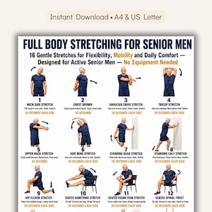 Könnte beinhalten: Ein digitales Poster mit dem Titel FULL BODY STRETCHING FOR SENIOR MEN, das 12 nummerierte Illustrationen einer Person in blauem T-Shirt und Shorts zeigt, die verschiedene Dehnübungen mit Anleitungstexten und Zeitangaben ausführt.