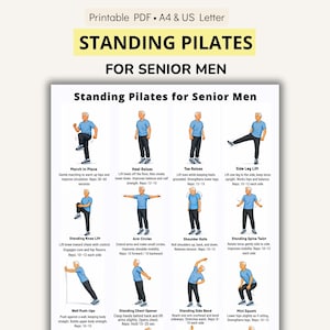 Può includere: Una guida PDF stampabile per esercizi di Pilates in piedi per uomini anziani. La guida presenta illustrazioni di vari esercizi, tra cui sollevamenti dei talloni, sollevamenti delle dita dei piedi e sollevamenti laterali delle gambe, con istruzioni e conteggi delle ripetizioni. Il testo include "Marcia sul posto" e "Cerchi con le braccia".