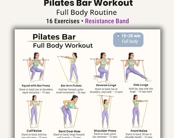 Pilates Bar Workout PDF, Resistance Band Full Body Workout, Home Fitness Exercises, Beginner Workout Plan, Printable Chart A4 US Letter