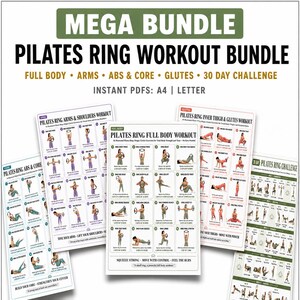 Könnte beinhalten: Ein Pilates-Ring-Trainingspaket mit mehreren Anleitungsplakaten, die Übungen für den ganzen Körper, Arme, Bauch, Rumpf und Gesäß zeigen. Der Text enthält MEGA BUNDLE, PILATES RING WORKOUT BUNDLE und 30 DAY CHALLENGE, verfügbar in A4 und Letter-Format.