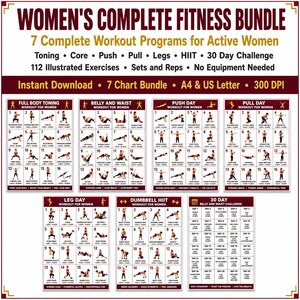 Könnte beinhalten: Ein digitales Fitness-Paket mit sieben Trainingsplänen und 112 illustrierten Übungen. Die Pläne umfassen Ganzkörper-Toning, Bauch und Taille, Push-Tag, Pull-Tag, Beintag, Hantel-HIIT sowie eine 30-Tage-Bauch-und-Taillen-Herausforderung.