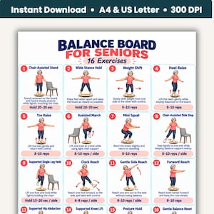May include: A digital instructional poster titled Balance Board for Seniors featuring 16 numbered exercise illustrations. Each section displays a person in a pink shirt and blue pants performing movements on a wooden balance board with text instructions.