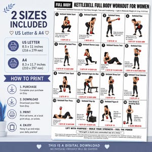 Puede incluir: Un gr&aacute;fico de entrenamiento digital titulado Kettlebell Full Body Workout for Women que presenta 16 ejercicios ilustrados con instrucciones. Incluye opciones de tama&ntilde;o US Letter 216 x 279 mm y A4 210 x 297 mm, instrucciones de impresi&oacute;n y un aviso legal.
