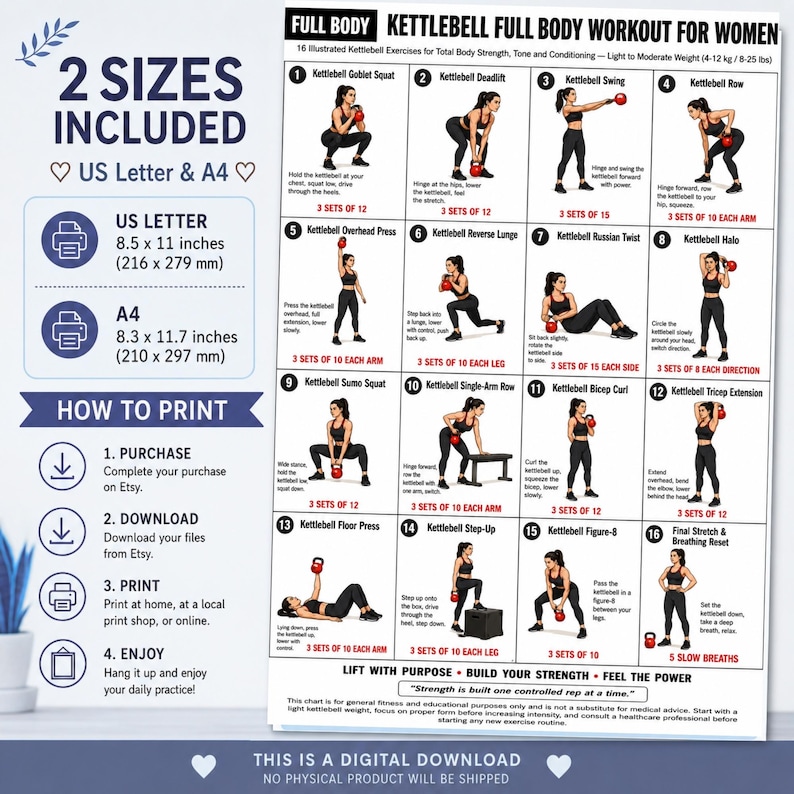 Puede incluir: Un gr&aacute;fico de entrenamiento digital titulado Kettlebell Full Body Workout for Women que presenta 16 ejercicios ilustrados con instrucciones. Incluye opciones de tama&ntilde;o US Letter 216 x 279 mm y A4 210 x 297 mm, instrucciones de impresi&oacute;n y un aviso legal.
