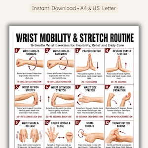 May include: Printable guide for wrist mobility and stretch routine. Includes 16 gentle exercises for flexibility, relief, and daily care. Features illustrations and instructions for each exercise, such as wrist circles, prayer stretch, and forearm pronation. Text reads "Instant Download A4 & US Letter."