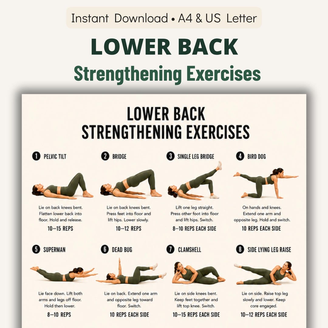 Lower Back Strengthening Exercises Printable Chart, 16 Gentle Movements ...