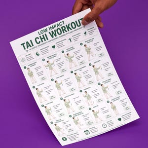 May include: A white poster with the text "LOW IMPACT TAI CHI WORKOUT" and illustrations of Tai Chi movements. The poster is held by a hand against a purple background.