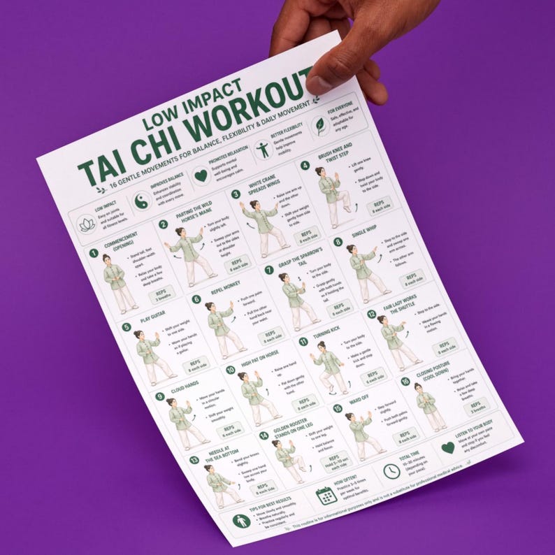 May include: A white poster with the text "LOW IMPACT TAI CHI WORKOUT" and illustrations of Tai Chi movements. The poster is held by a hand against a purple background.