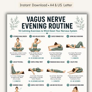 May include: A printable guide titled "Vagus Nerve Evening Routine" with 16 calming exercises. The poster includes illustrations and instructions for each exercise, such as extended exhale breath and neck release stretch. The text also includes the phrase "Instant Download".