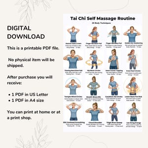 Tai Chi self massage routine printable showing energy flow exercises and gentle movement chart for daily practice