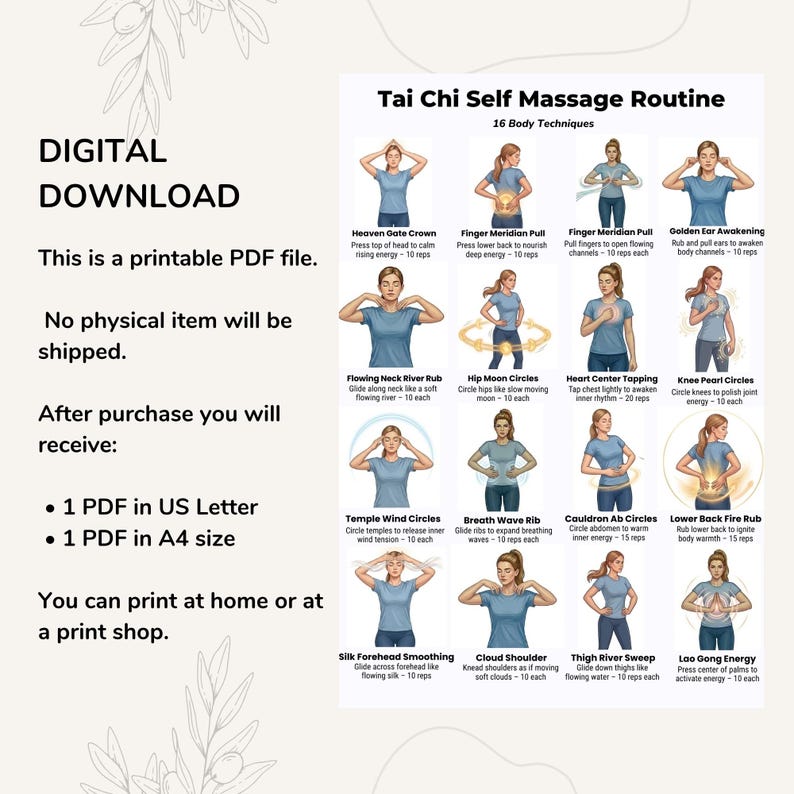 Tai Chi self massage routine printable showing energy flow exercises and gentle movement chart for daily practice