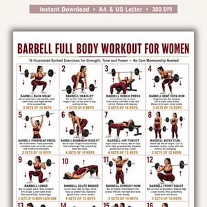 Pode incluir: Um cartaz instrutivo branco intitulado BARBELL FULL BODY WORKOUT FOR WOMEN com 16 ilustrações numeradas de exercícios com barra. Cada seção mostra uma figura em roupa esportiva bordô com instruções e contagem de repetições.