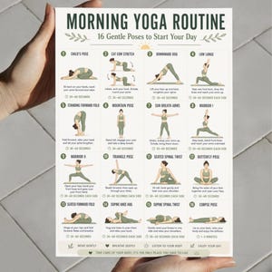 May include: A yoga routine poster, titled "MORNING YOGA ROUTINE", features 16 gentle poses with illustrations. Poses include Cat Cow Stretch, Low Lunge, and Seated Spinal Twist, with timings for each. The poster encourages mindful practice.