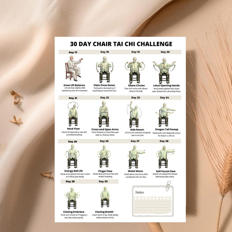 30 Day Chair Tai Chi Challenge Printable Chart, Seated Tai Chi ...