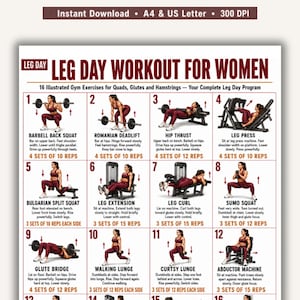 Leg Day Workout for Women Printable Chart, 16 Gym Exercises Quads Glutes Hamstrings PDF, Push Pull Legs Program, Home Gym Poster