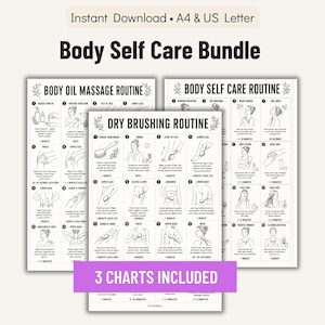 May include: Three white printable charts with black text detailing body self-care routines. The charts include instructions for body oil massage, dry brushing, and general self-care. The phrase "3 Charts Included" is in a purple banner.