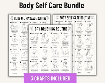 Body Self Care Bundle Printable Charts, Dry Brushing Body Oil Massage and Body Self Care Routine, Daily Body Care PDF Set