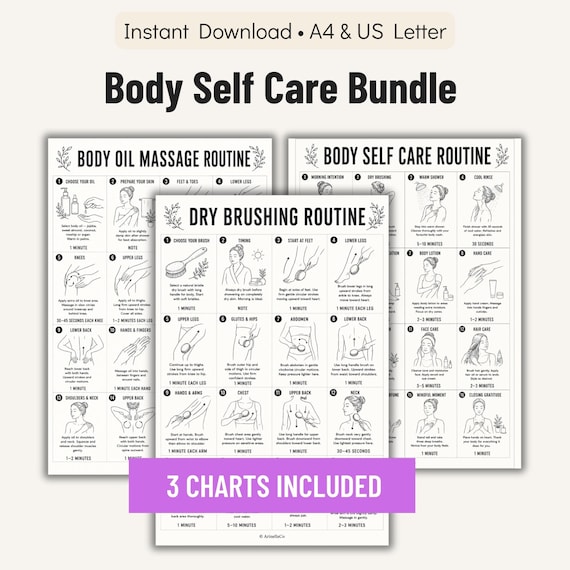 Body Self Care Bundle Printable Charts, Dry Brushing Body Oil Massage and Body Self Care Routine, Daily Body Care PDF Set