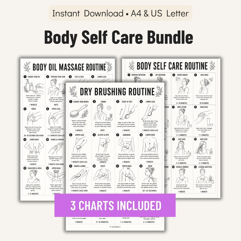 May include: Three white printable charts with black text detailing body self-care routines. The charts include instructions for body oil massage, dry brushing, and general self-care. The phrase "3 Charts Included" is in a purple banner.