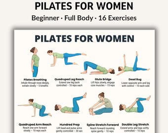 Pilates for Women 40+ Printable Chart | Beginner Full Body Workout Poster | 16 Low Impact Exercises PDF | A4 & US Letter