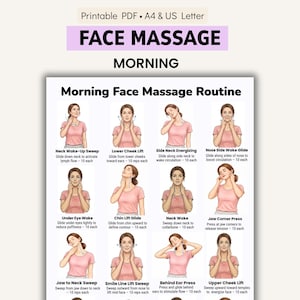 Morning Face Massage Routine Printable PDF | Wake-Up Skincare Chart — Depuff, Neck, Cheek & Jawline Facial Massage Steps for Daily Glow