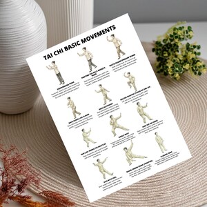May include: A white print featuring Tai Chi basic movements. The print displays illustrations of various poses with descriptive text. The title "TAI CHI BASIC MOVEMENTS" is at the top. The print is on a beige woven surface.
