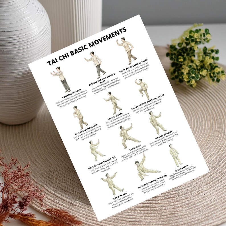 May include: A white print featuring Tai Chi basic movements. The print displays illustrations of various poses with descriptive text. The title "TAI CHI BASIC MOVEMENTS" is at the top. The print is on a beige woven surface.